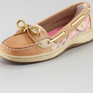 Sperry Boat Shoes leather pink plaid sequin gold